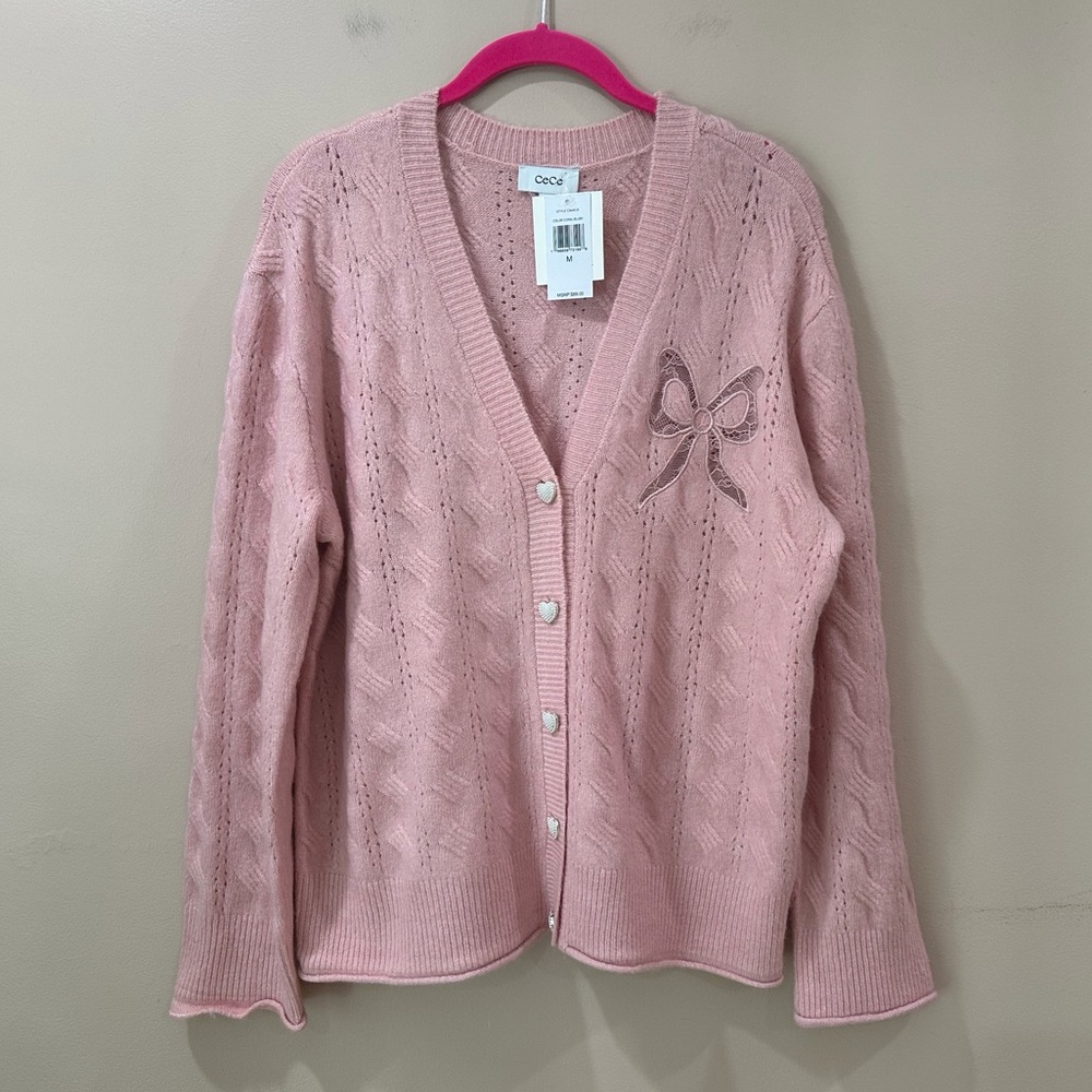 NWT CeCe Pink Bow Cardigan Sweater Heart Buttons Pointelle Knit V-Neck Womens L